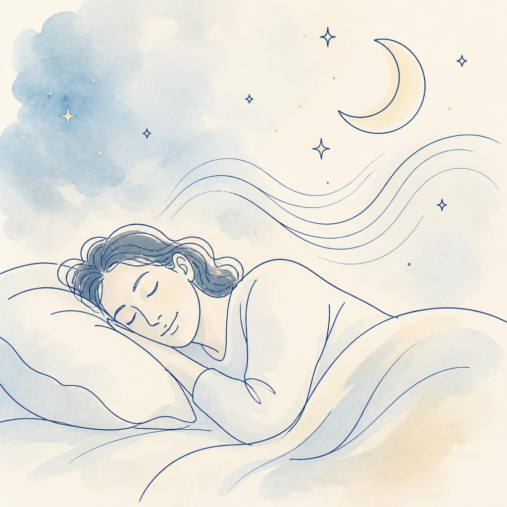 Warm line illustration of a person sleeping restfully on their side, with a crescent moon and gentle stars overhead.