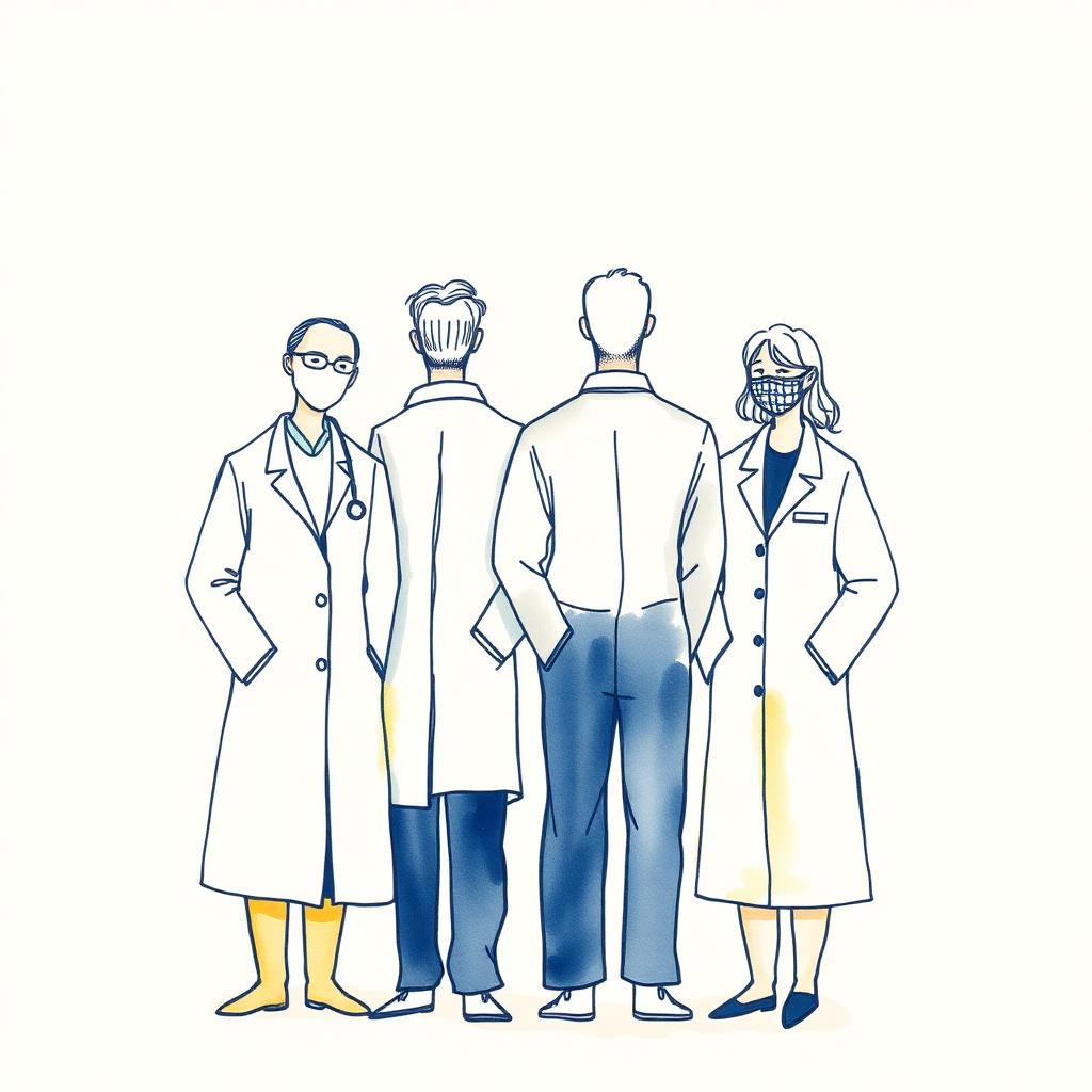 Warm line illustration of four clinicians in white coats standing together — representing the care team.