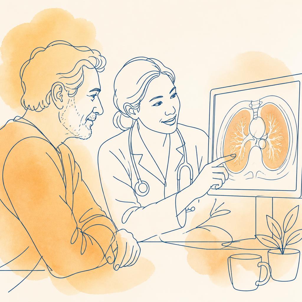 Line illustration of a chest CT with a small nodule marked, next to a calendar showing follow-up scans.
