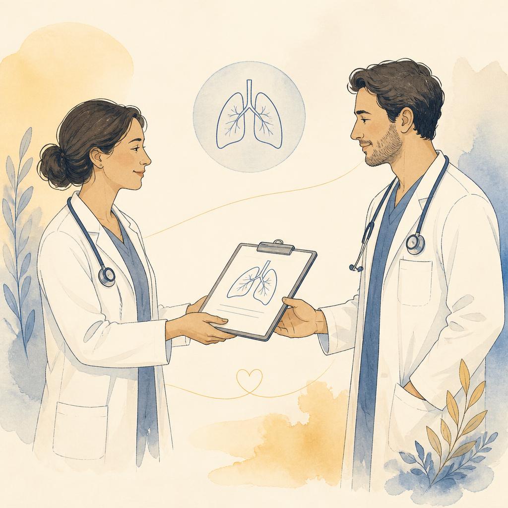 Warm line illustration of two clinicians sharing a patient referral chart with a lungs icon.