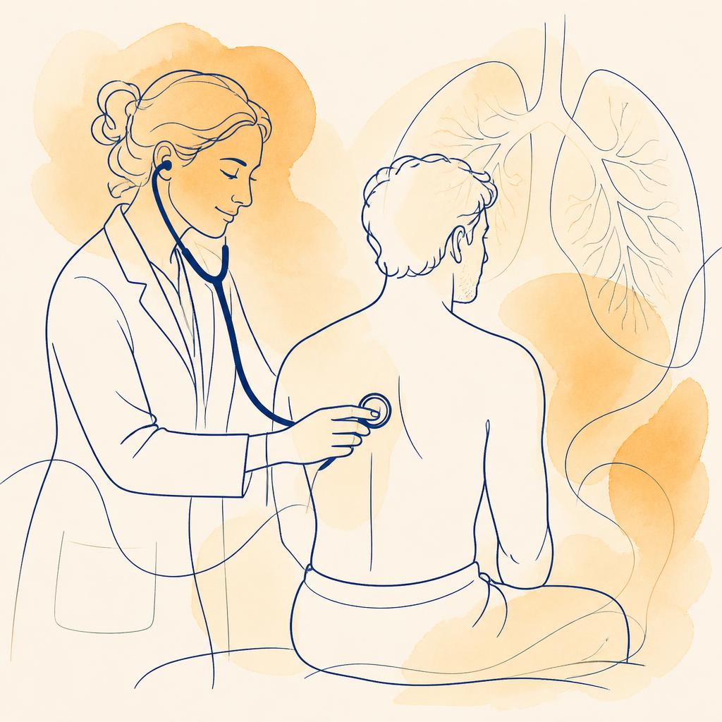 Line illustration of lung tissue with scarring patterns highlighted, alongside a clinician and patient in conversation.