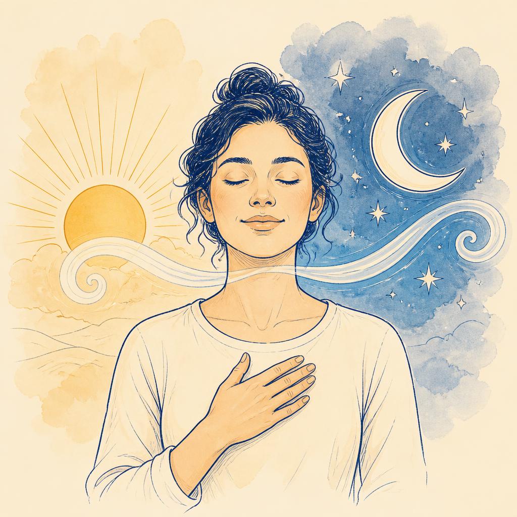 Warm line illustration of a person taking a calm, easy breath with the sun rising on one side and a crescent moon and stars on the other.