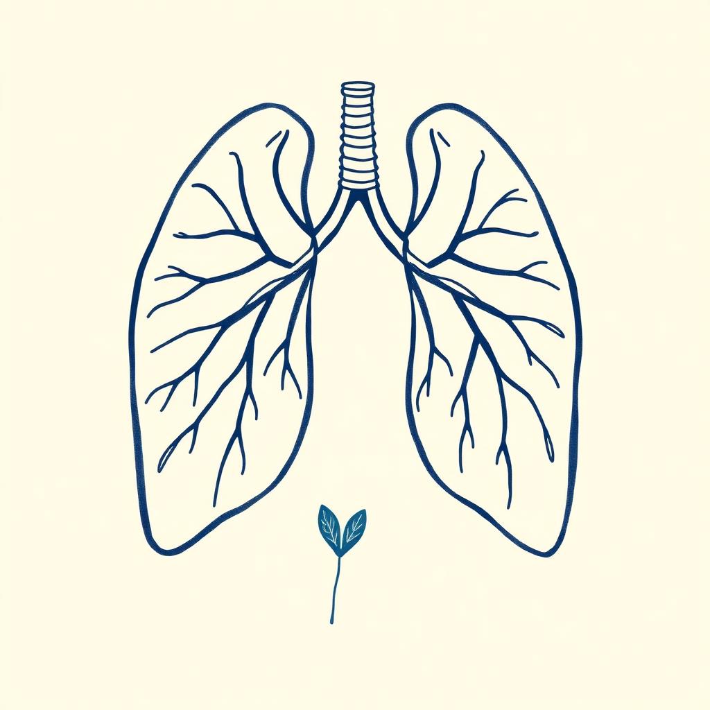 Warm line illustration of a pair of lungs with softly branching airways and a small leaf — representing pulmonary care.