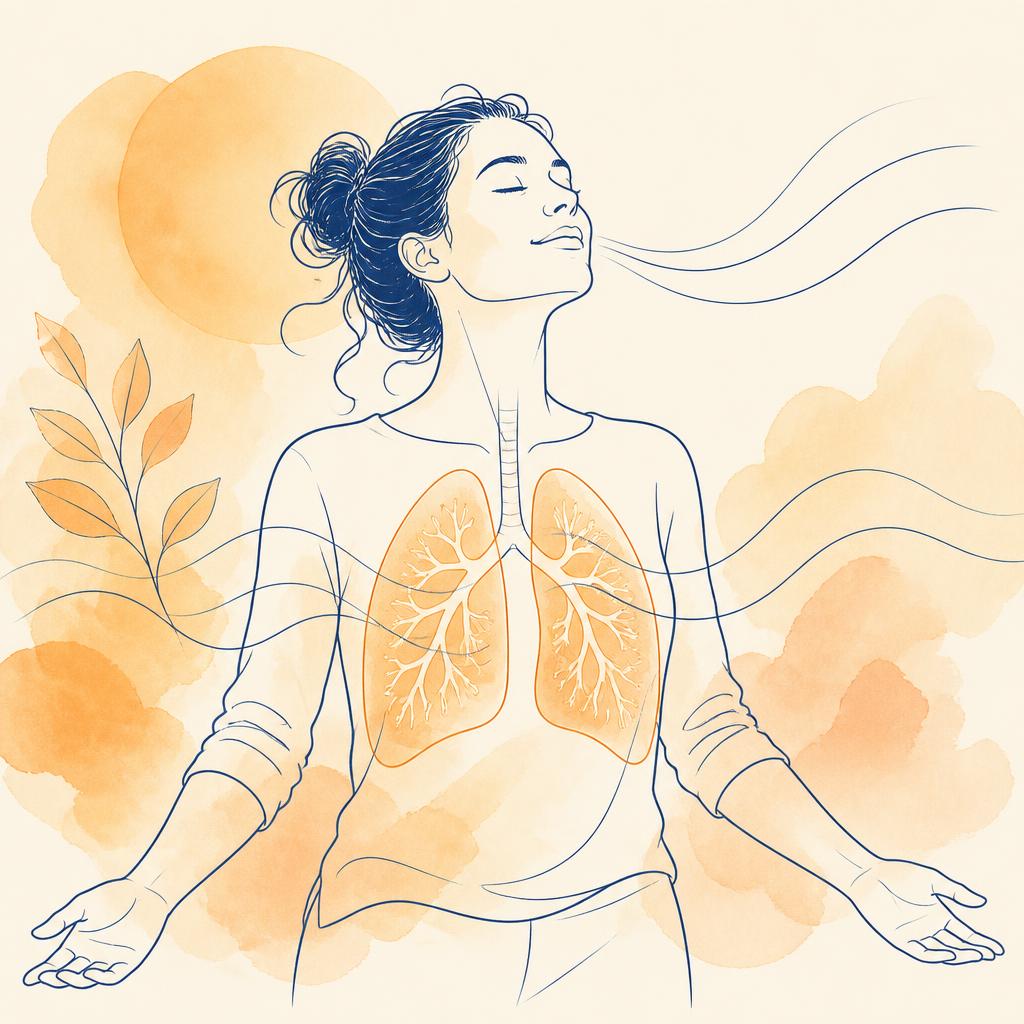 Line illustration of a person breathing calmly, with an inhaler nearby — representing well-controlled asthma.