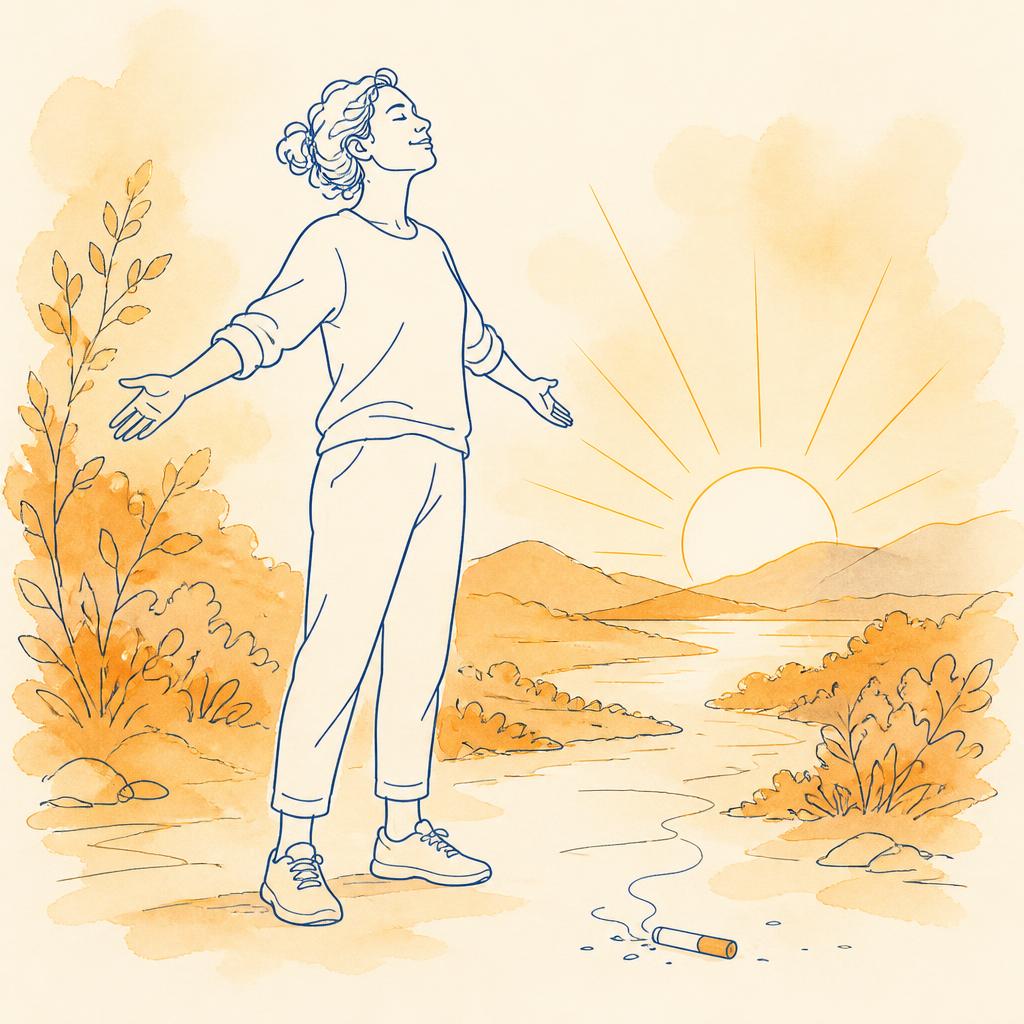Line illustration of a person setting down a cigarette, with a hand extended in support.