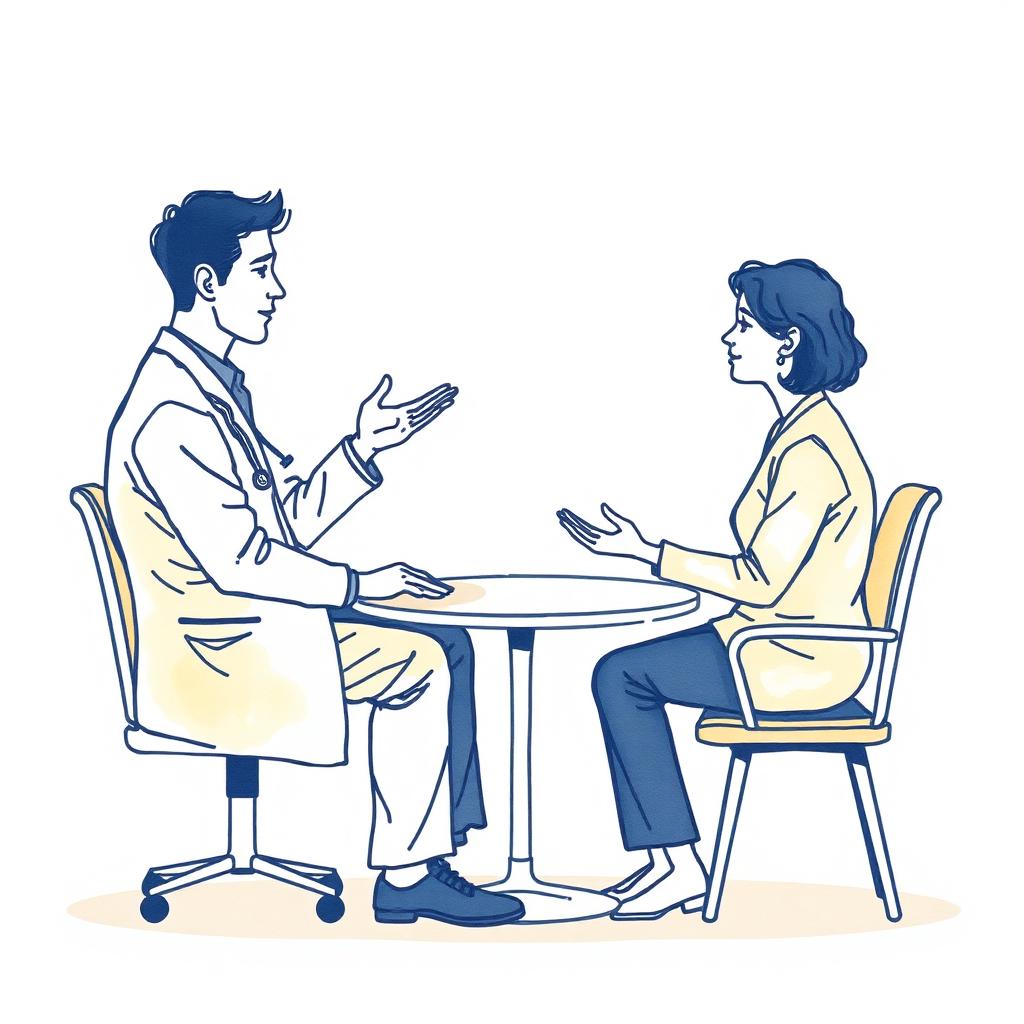 Warm line illustration of a clinician and patient in a calm conversation across a small table.