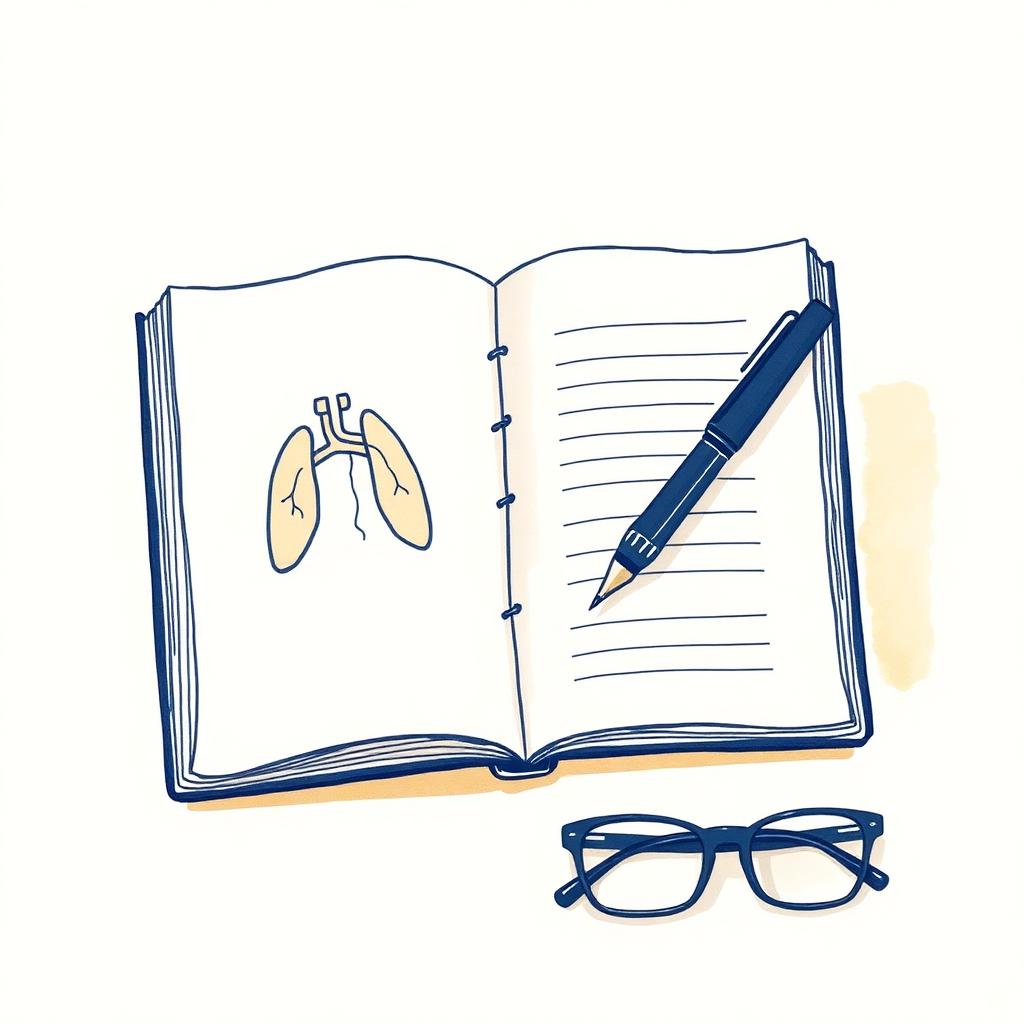 Warm line illustration of an open notebook with a sketch of lungs on one page, a fountain pen resting on it, and reading glasses beside it.