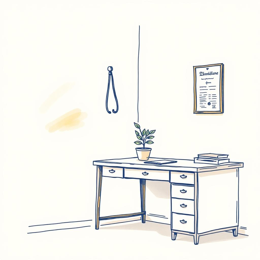 Warm line illustration of a quiet medical office corner with a wooden desk, a small potted plant, and a stethoscope on the wall.